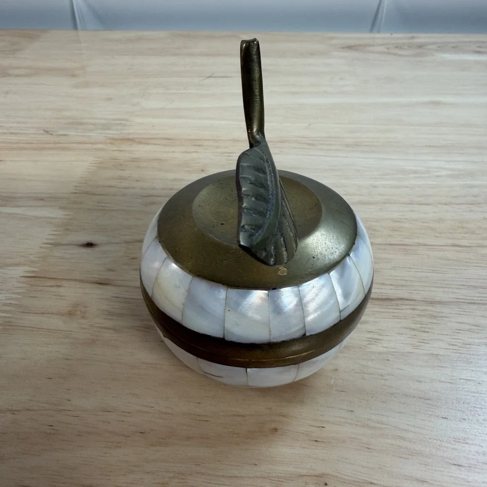 Vintage 90's‎ Brass & Mother of Pearl Apple Shaped Trinket Box India